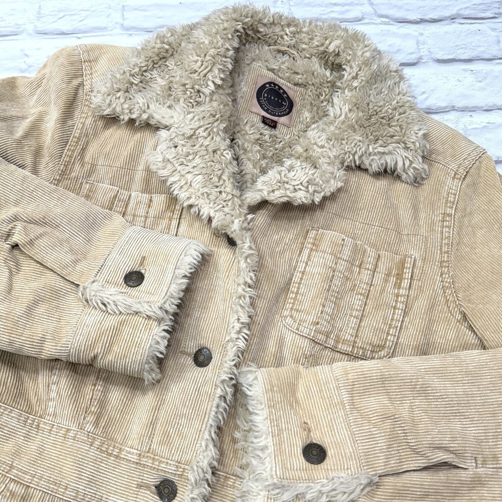 Vtg Y2K Giacca Tan Corduroy Button Jacket Faux Fur Quilted Lined Women's XL 90's